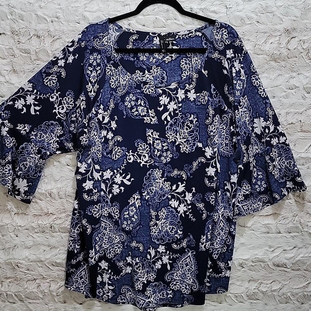 New Directions Boho Chic Floral Top Womens 3X Blue And White, Artsy